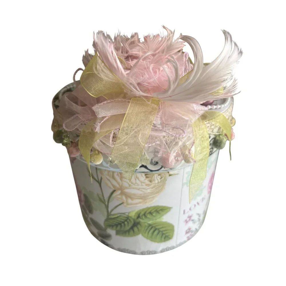 Handcrafted Floral Decorative Storage Box With Pink Feather Bird & Beads